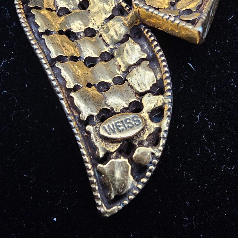 Vintage Weiss Hematite Rhinestone Ribbon Brooch Pin Bronze Tone - Picture 9 of 9